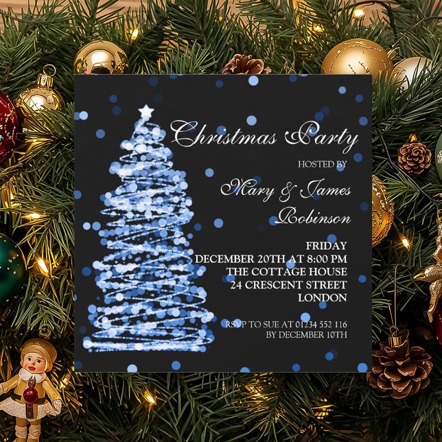 Elegant jul Bokeh Träd Julfest Blue Inbjudningar (Elegant Christmas Bokeh Tree Holiday Party Blue Invitation)