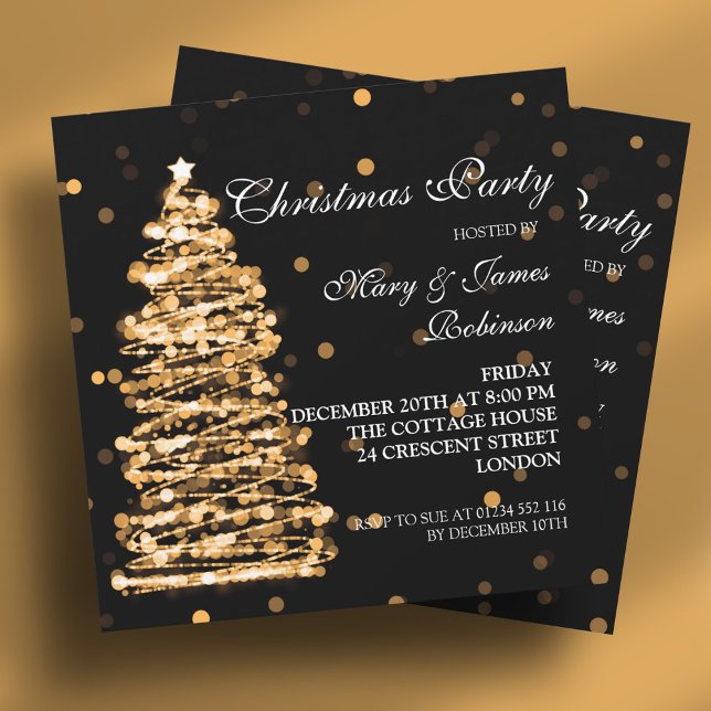 Elegant Jul Bokeh Träd Party Guld Black Inbjudningar (Elegant Christmas Bokeh Tree Party Gold Black Invitation)