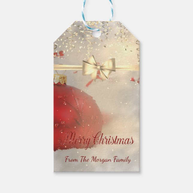 Elegant Jul Bollar, Bow, Confetti Presentetikett (Framsidan)