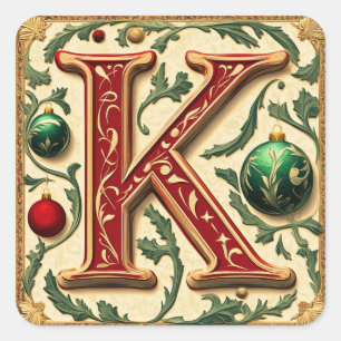 Elegant Jul Brev K i Röd och Grönt Fyrkantigt Klistermärke