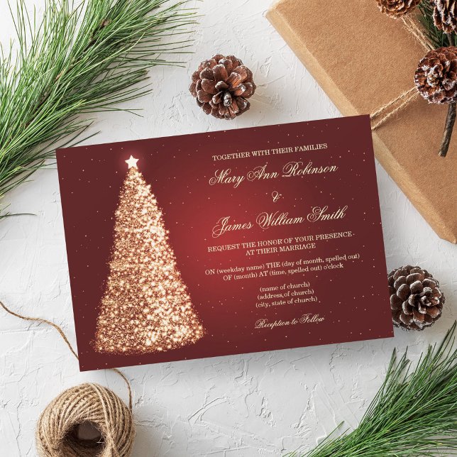 Elegant: Jul Bröllop Gnistra Guld Red Inbjudningar (Elegant Christmas Wedding Sparkle Gold Red Invitation)