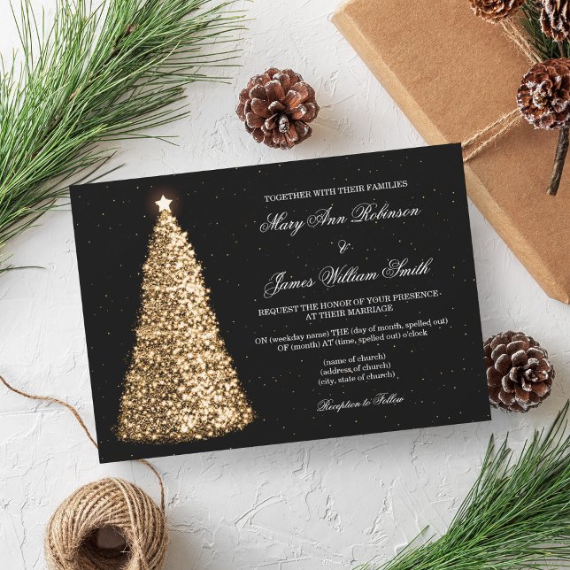 Elegant jul Bröllop Gnistran Träd Guld Inbjudningar (Elegant Christmas Wedding Sparkle Tree Gold Invitation)