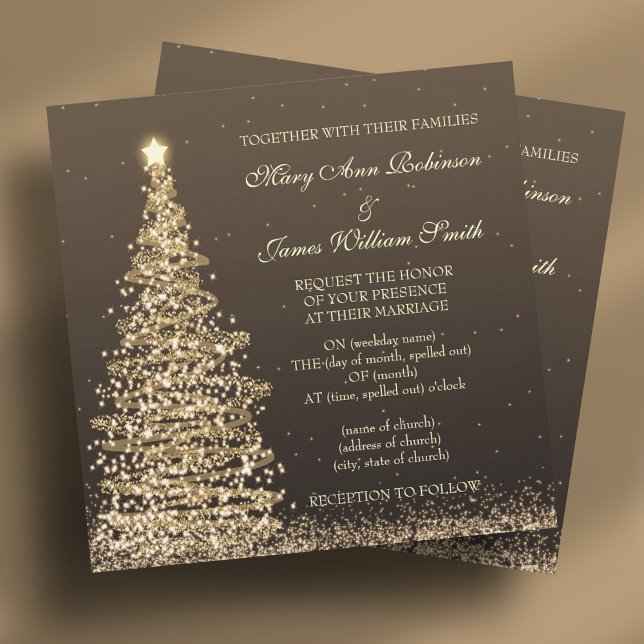 Elegant jul Bröllop Guld Brown Inbjudningar (Elegant Christmas Wedding Gold Brown Invitation)