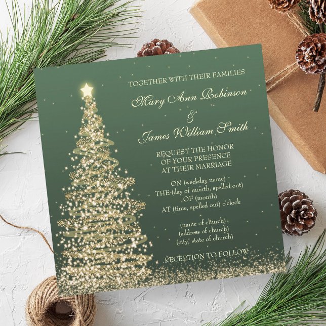 Elegant Jul Bröllop Guld Grönt Inbjudningar (Elegant Christmas Wedding Gold Green Invitation)