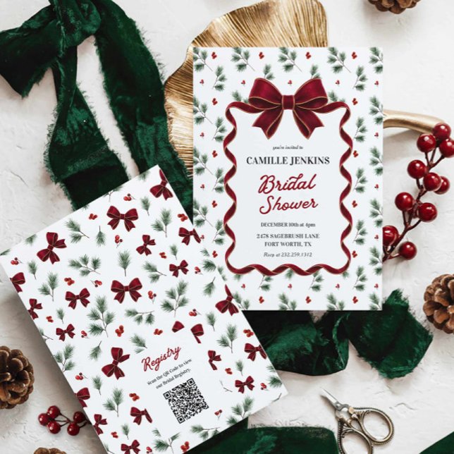 Elegant jul bröllopsdusch QR-kod Inbjudningar (Christmas Red Bow Bridal Shower Invitation)