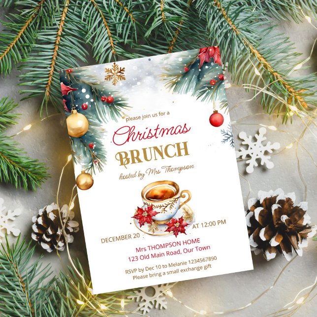 Elegant jul brunch tea party mall (Elegant Christmas brunch tea party editable template invitation digital download watercolor pines)