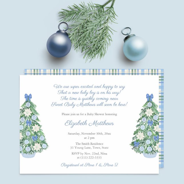 Elegant jul Chinoiserie-dikt Pojke Baby Shower Inbjudningar (Maximalist blue and white decorated holidays tree for Christmas baby shower for boy party invitation)