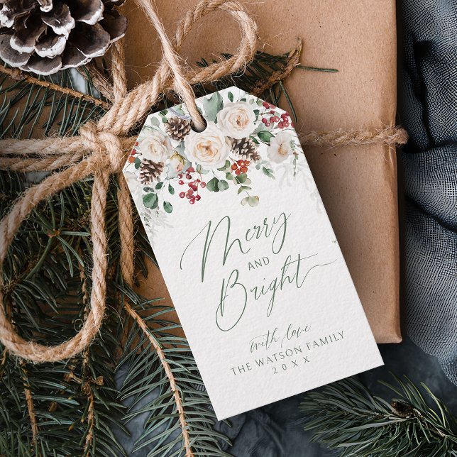 Elegant Jul Festiv Floral Glad Och Ljusstark Jul Presentetikett (Elegant Festive Floral Merry And Bright Christmas Gift Tags)