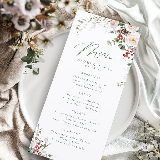 Elegant Jul Festiv Floral Vinter Bröllop Meny (Elegant Festive Floral Holiday Winter Wedding Menu)