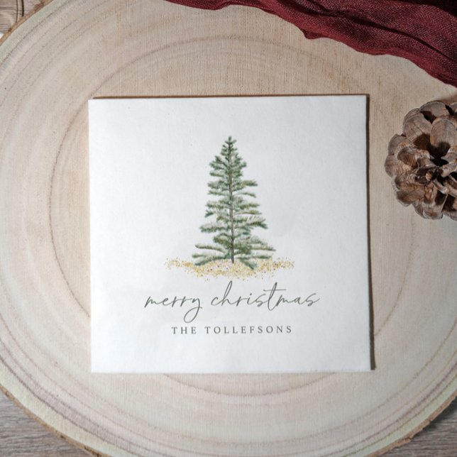 Elegant jul fir julgran Enkel Pappersservett (Elegant watercolor evergreen Christmas tree napkin for holiday parties)