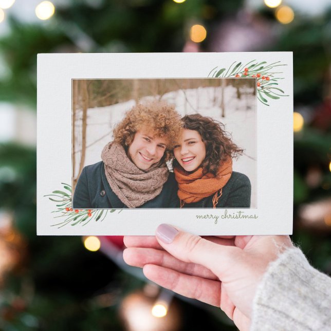 Elegant Jul Foliage Berries Helgdag Photo Julkort (Skapare uppladdad)