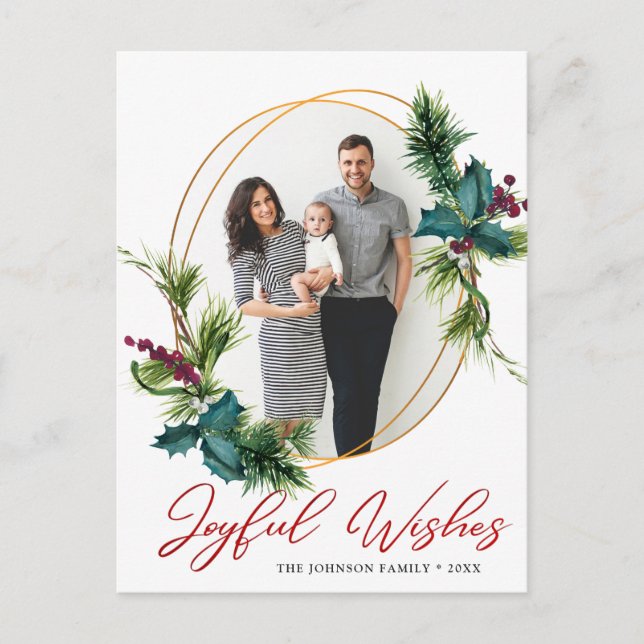 Elegant jul glada önskningar Holly Pine Foto Vykort (Framsida)