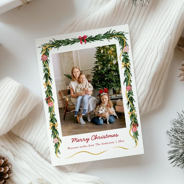 Elegant Jul Greenery Garland & Bows 1 Photo Julkort (Skapare uppladdad)