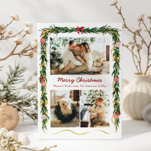 Elegant jul Greenery Garland & Bows 3 Photo Julkort