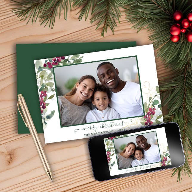 Elegant jul Greenery Helgdag Photo Julkort (Elegant Christmas Greenery Holiday Photo Card)