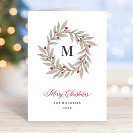 Elegant Jul Greenery Monogram Wandeans Helgkort