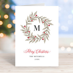 Elegant Jul Greenery Monogram Wandeans Helgkort