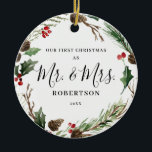 Elegant jul Greenery Mr. Och Mrs. Julgransprydnad Keramik<br><div class="desc">Den här eleganten och anpassadet Jul Ornament har ett vackert helgdag av den utandningsluft som har att göra med holly, bär och grön med möjlighet att lägga till ett foto på baksidan. Om du vill göra avancerade ändringar väljer du alternativet "Klicka för att anpassa ytterligare" under Anpassa den här mallen....</div>