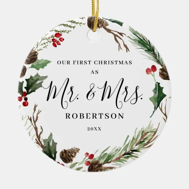 Elegant jul Greenery Mr. Och Mrs. Julgransprydnad Keramik (Framsidan)