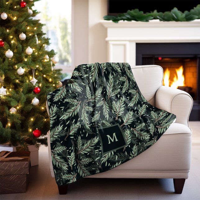 Elegant jul Grenar på svart med Monogram Fleecefilt (A stylish holiday blanket with Christmas pine branches and your monogram, on a dark background)