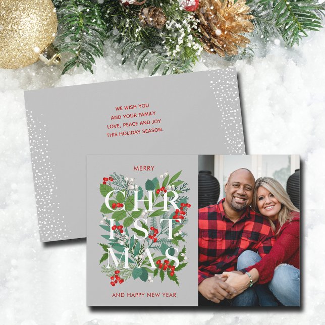Elegant JUL Grönska Foto Högtidlig Julkort (Elegant CHRISTMAS greenery and berries photo holiday cards - PRINTED and/or INSTANT DOWNLOAD)