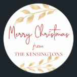Elegant Jul Guld Löv Typografi Runt Klistermärke<br><div class="desc">Eleganten Jul Guld Lämnar typografi Helgdag-etiketter. Designat för att komplettera vår Elegant Guld Löv julinsamling,  har dessa etikettmärken en snyggt typografi i hälsning och moderna botaniska stilar i guld.</div>