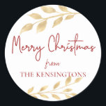 Elegant Jul Guld Löv Typografi Runt Klistermärke<br><div class="desc">Eleganten Jul Guld Lämnar typografi Helgdag-etiketter. Designat för att komplettera vår Elegant Guld Löv julinsamling,  har dessa etikettmärken en snyggt typografi i hälsning och moderna botaniska stilar i guld.</div>