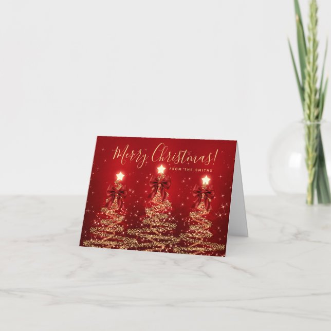 Elegant jul guld röda julgranar hälsning  helgkort (Framsida)