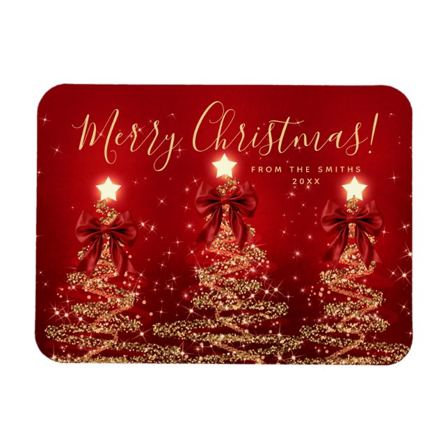 Elegant jul guld röda julträd + år magnet (Horisontell)