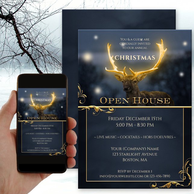 Elegant Jul Helgdag - inbjudan till öppet hus (Christmas Open House invitation showing a deer with glowing antlers and festive light sparkles)