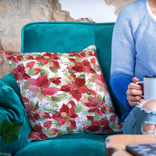 Elegant jul Helgdag Poinsettia Gräs Cone Kudde (Skapare uppladdad)