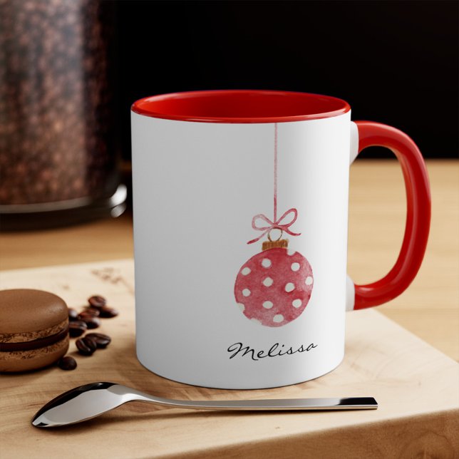 Elegant Jul Helgdagar Personlig Namn Mugg (Personalized Ornament Illustration Script 11oz Red Accent Coffee Mug)