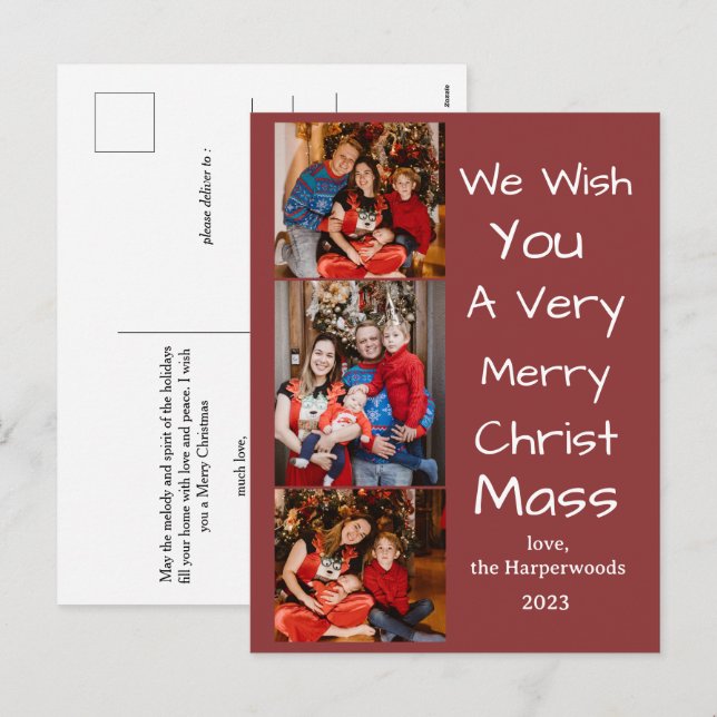 Elegant Jul-helgdagar, skript Family 3-foto Helg Vykort (Fram/baksida)