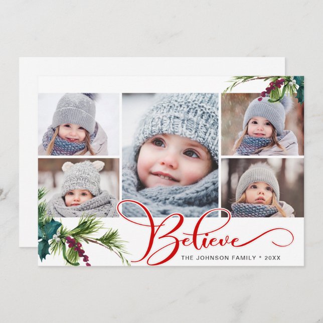 Elegant jul Holly Gräs 5 Photo Helgdag Card Julkort (Fram/baksida)