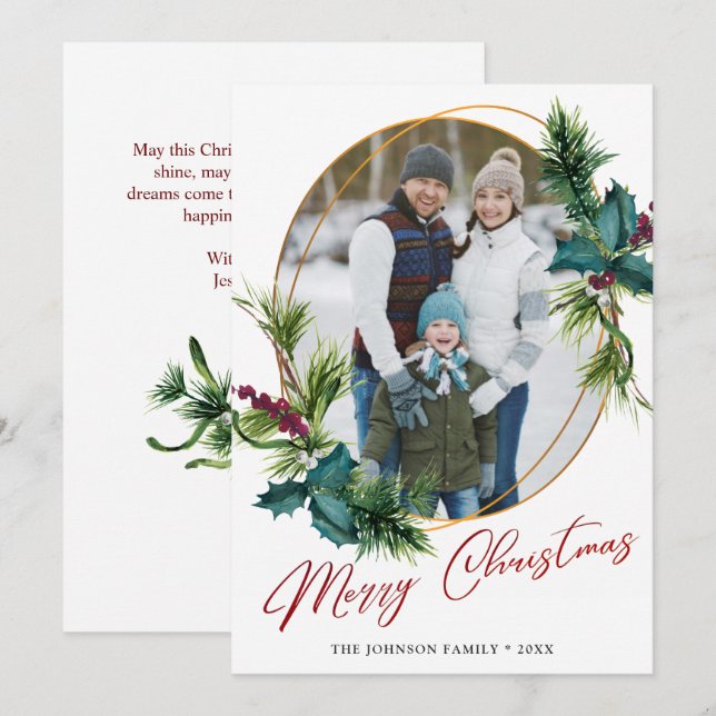 Elegant jul Holly Gräs Photo Helgdag Card Julkort (Fram/baksida)