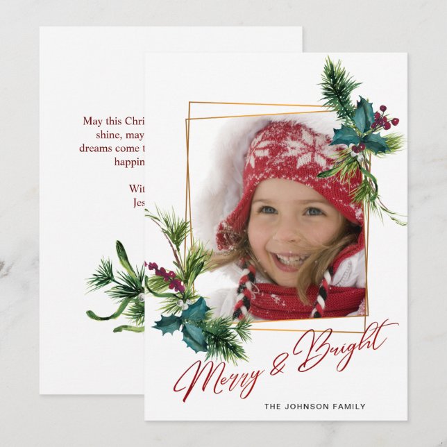 Elegant jul Holly Gräs Photo Helgdag Card Julkort (Fram/baksida)