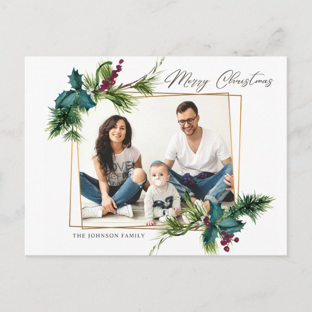 Elegant jul Holly Gräs Ram Photo Hälsning Vykort (Framsida)