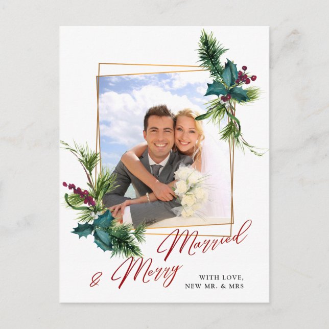 Elegant jul Holly Gräs Ram Photo Hälsning Vykort (Framsida)