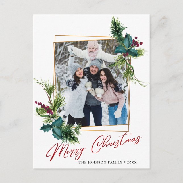 Elegant jul Holly Gräs Ram Photo Hälsning Vykort (Framsida)