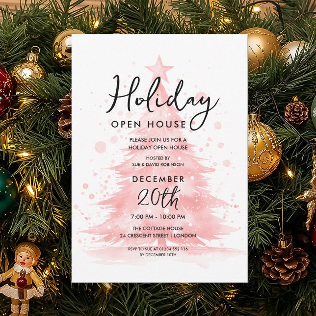 Elegant jul öppen huset röd handmålad träd inbjudningar (Elegant Holiday Open House Red Hand Painted Tree Invitation)