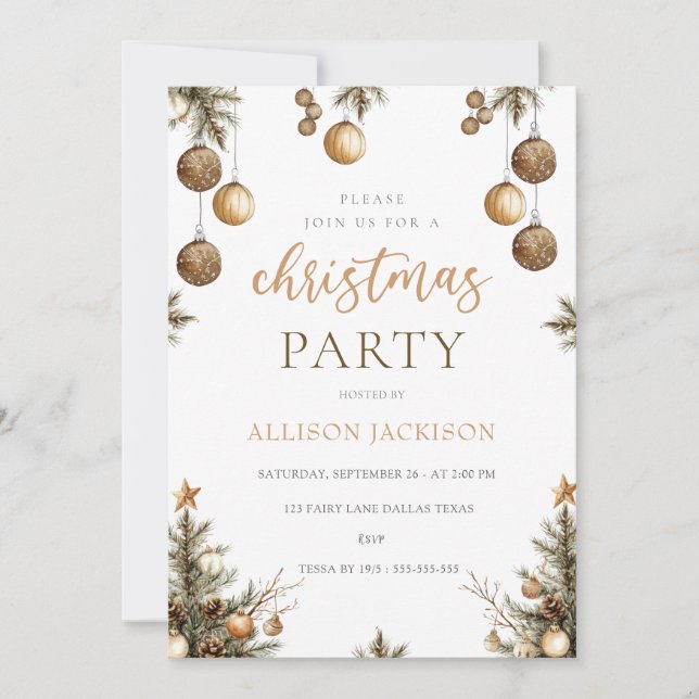 Elegant jul PARTY Guld Watercolor Glitter Inbjudningar (Framsida)