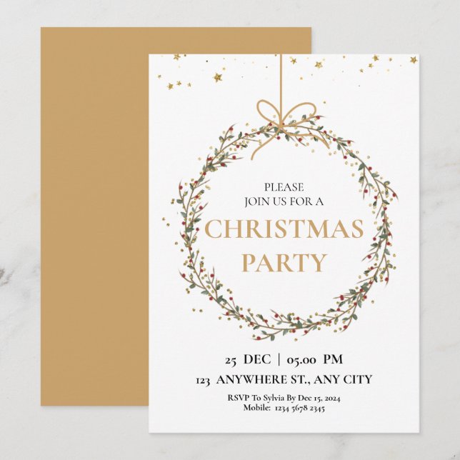 Elegant jul Party med Guld-krans Inbjudningar (Fram/baksida)