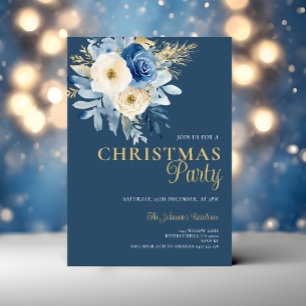Elegant jul Party White & Blåa blommor Guld Inbjudningar