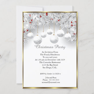 Elegant Jul party White Snö Baubles Inbjudningar