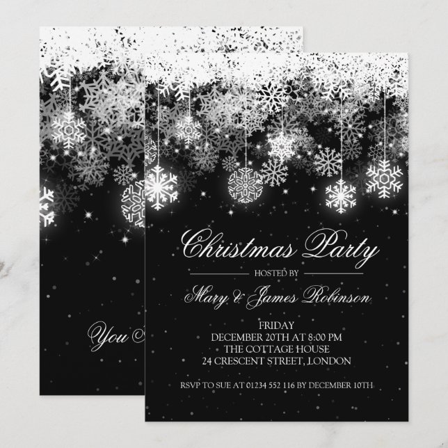 Elegant jul Party Winter Ornamnerna Black Inbjudningar (Fram/baksida)