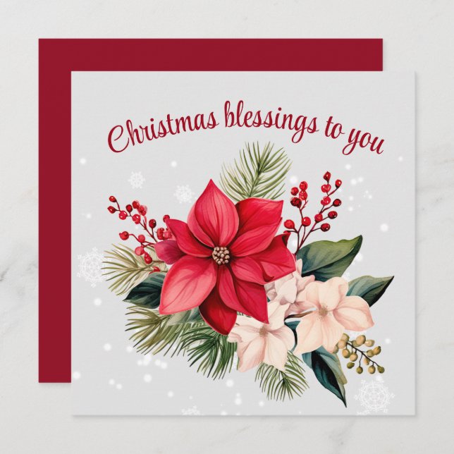 Elegant Jul Poinsettia Blommigt Helgdag Kort (Fram/baksida)