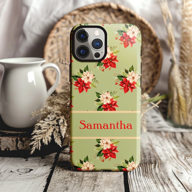 Elegant jul Poinsettia Botaniska Blommigten (pretty mint green and classic christmas poinsettia phone case with name)