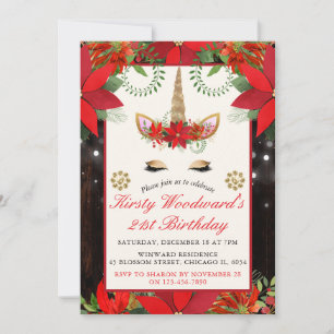 Elegant jul poinsettia enhörning födelsedagsfest inbjudningar