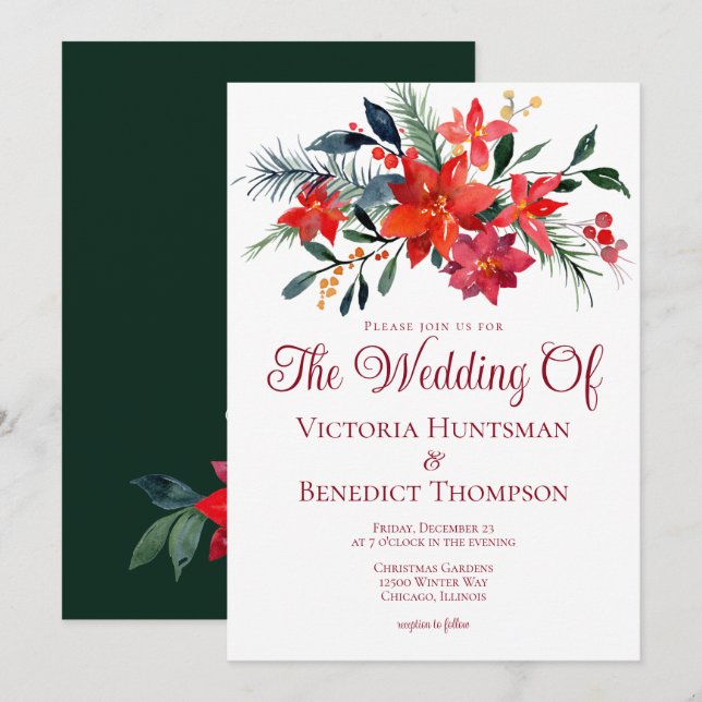 Elegant jul Poinsettia Flower Winter Wedding Inbjudningar (Fram/baksida)