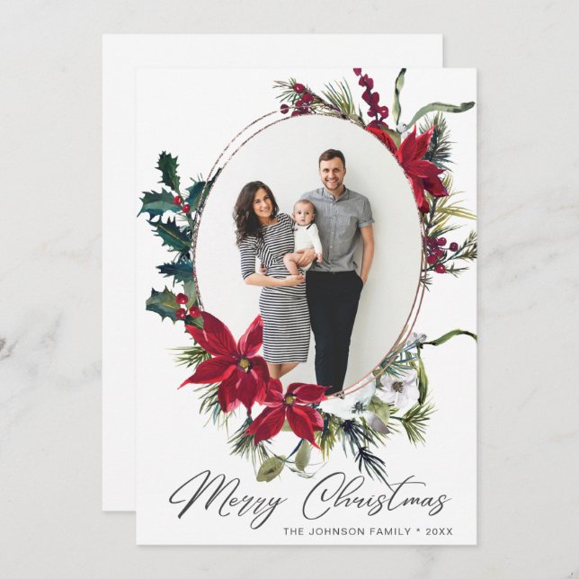 Elegant jul Poinsettia Photo Hälsning Julkort (Fram/baksida)
